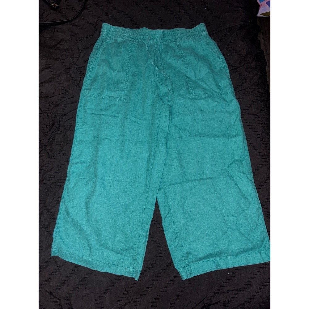 Lands' End Women's Green 100% Linen Hi Rise Wide Leg Elastic Waist Crop Pants M